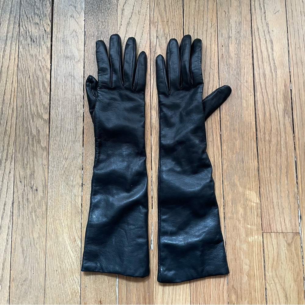 Leather long cashmere lined gloves. Classic dressy, warm gloves.